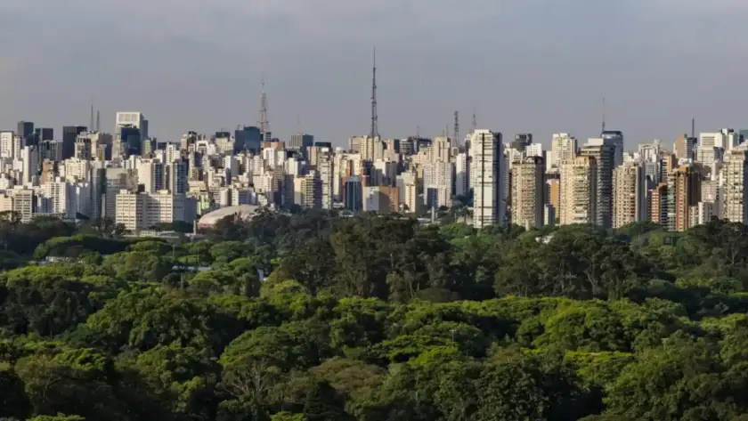 Vista panorâmica da Vila Nova Conceição em São Paulo, com vistas do centro urbano cheio de prédios altos e uma grande área verde ao fundo.