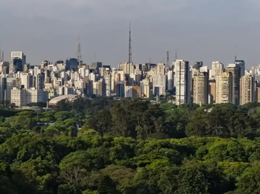 Vista panorâmica da Vila Nova Conceição em São Paulo, com vistas do centro urbano cheio de prédios altos e uma grande área verde ao fundo.